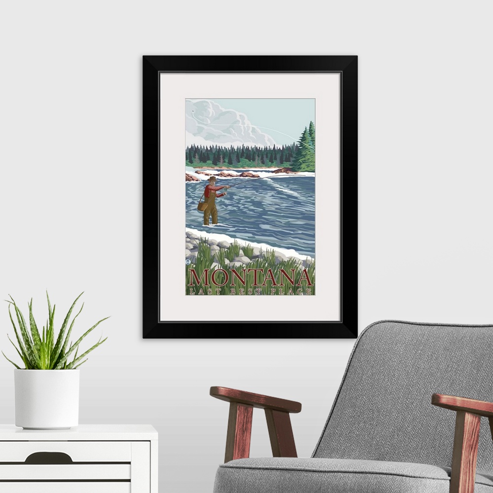 A modern room featuring Montana, Last Best Place - Fisherman: Retro Travel Poster