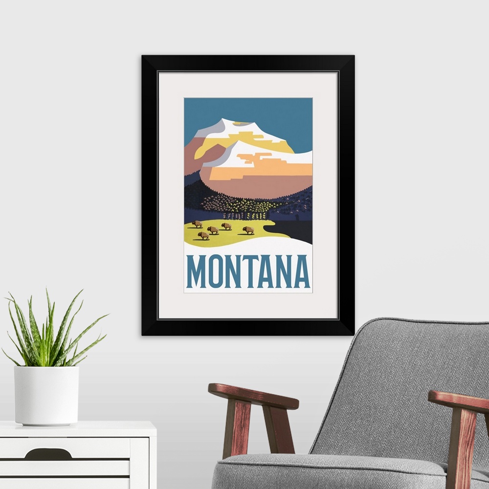 A modern room featuring Montana - Mountain Scene with Buffalo