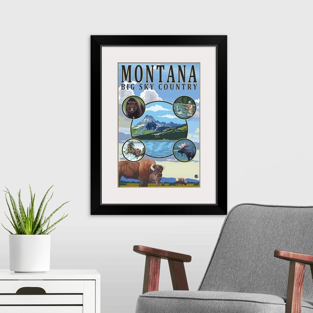 A modern room featuring Montana State Scenes: Retro Travel Poster