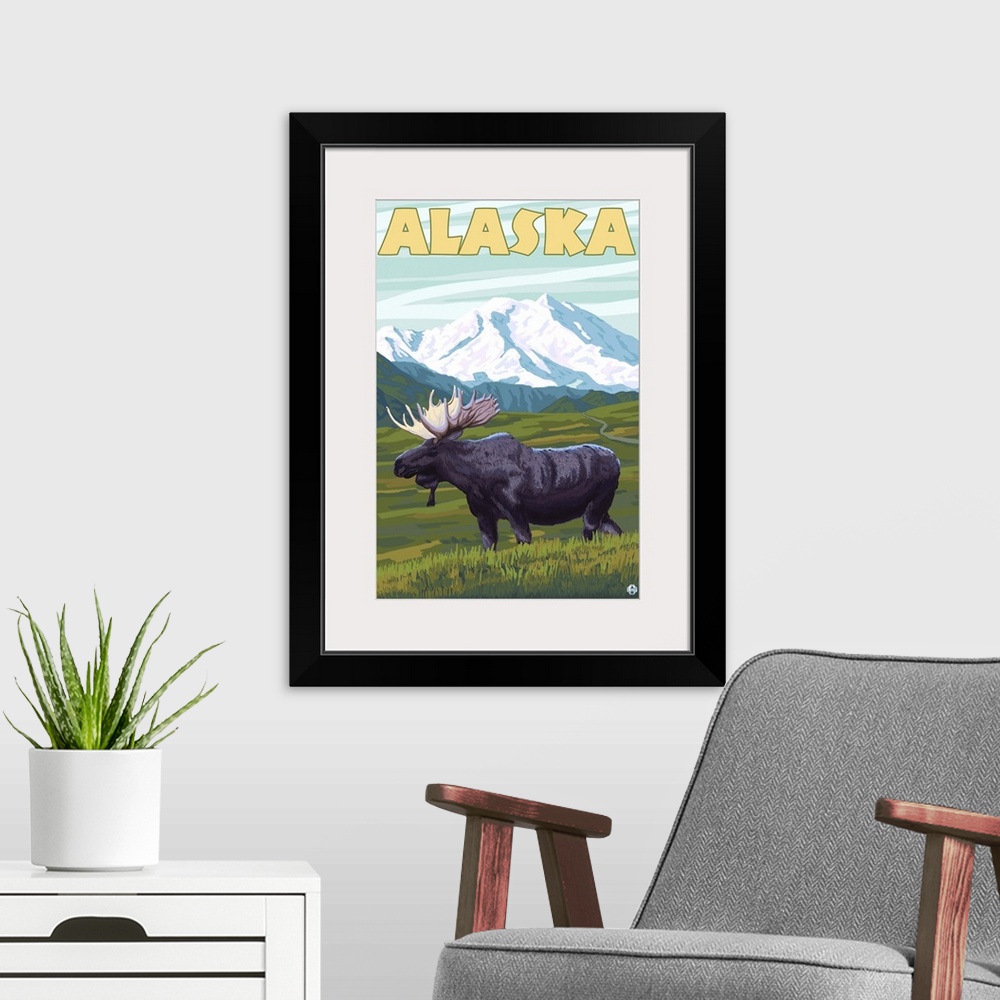 A modern room featuring Moose and Mountain - Alaska: Retro Travel Poster