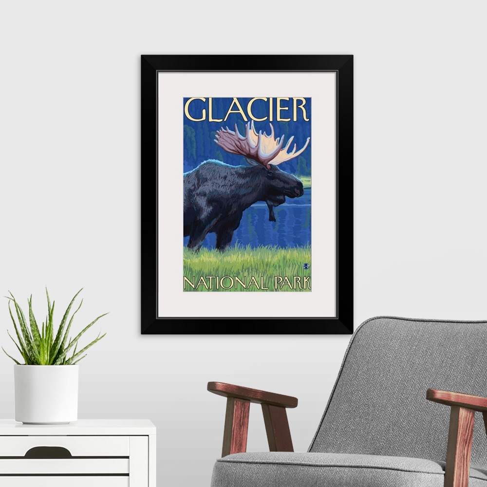 A modern room featuring Moose at Night - Glacier National Park, Montana: Retro Travel Poster