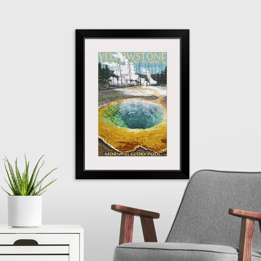 A modern room featuring Retro stylized art poster of a geothermal pool. With bare trees and steam in the background.