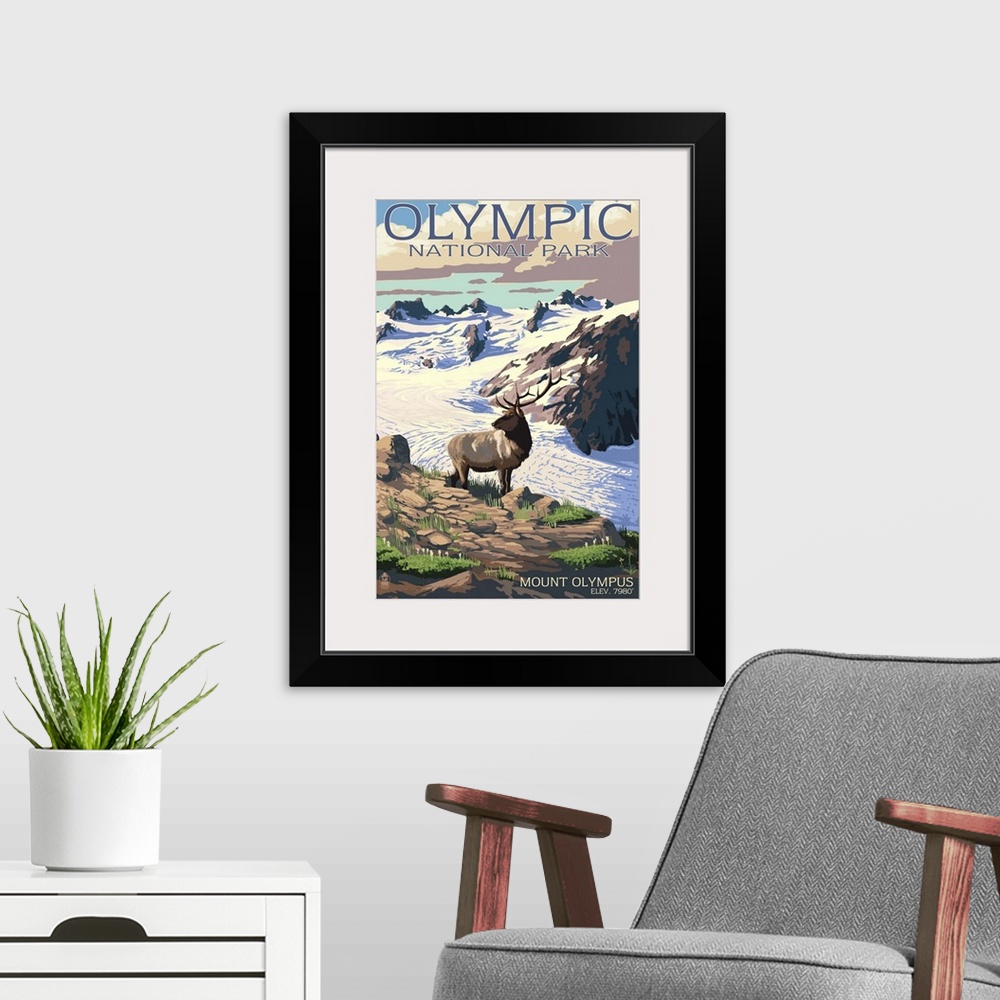 A modern room featuring Mt. Olympus and Elk - Olympic National Park, Washington: Retro Travel Poster