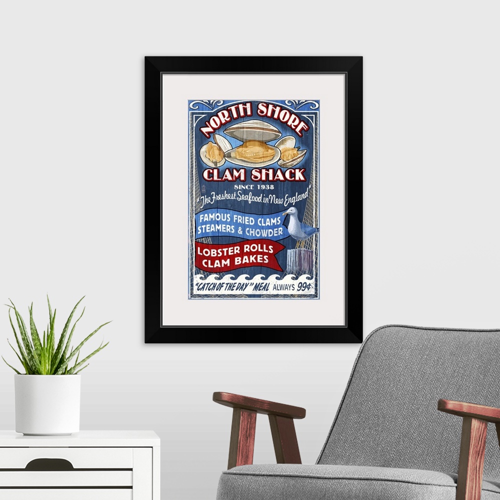 A modern room featuring New England - Clam Shack Vintage Sign: Retro Travel Poster