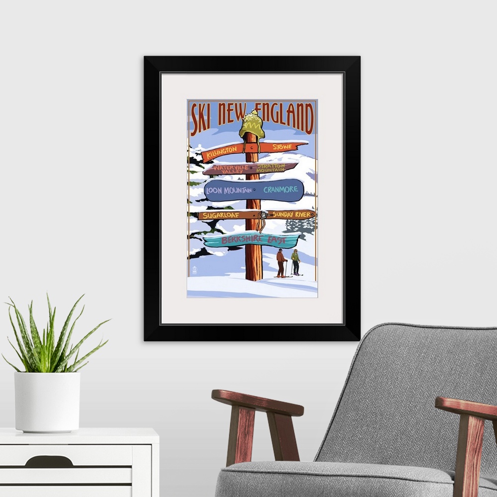 A modern room featuring New England - Ski Areas Sign Destinations: Retro Travel Poster