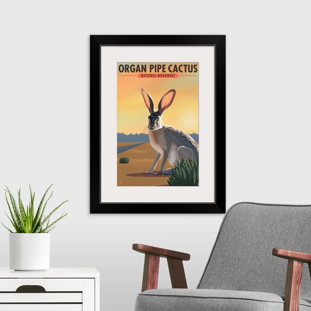 A modern room featuring Organ Pipe Cactus National Monument, Arizona - Jackrabbit - Lithograph