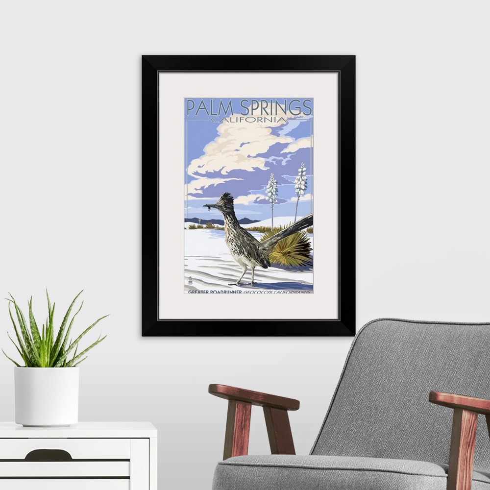A modern room featuring Retro stylized art poster of roadrunner bird standing on white desert sands.