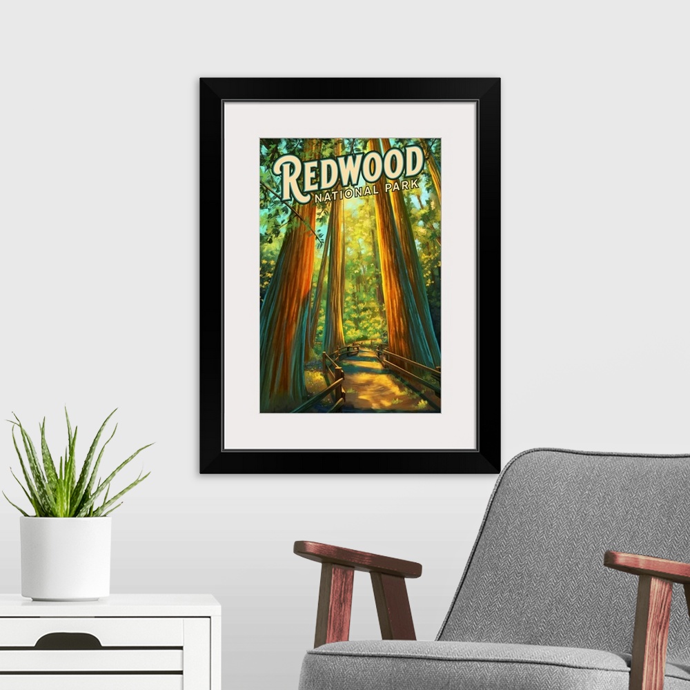 A modern room featuring Redwood National Park, Forest: Retro Travel Poster
