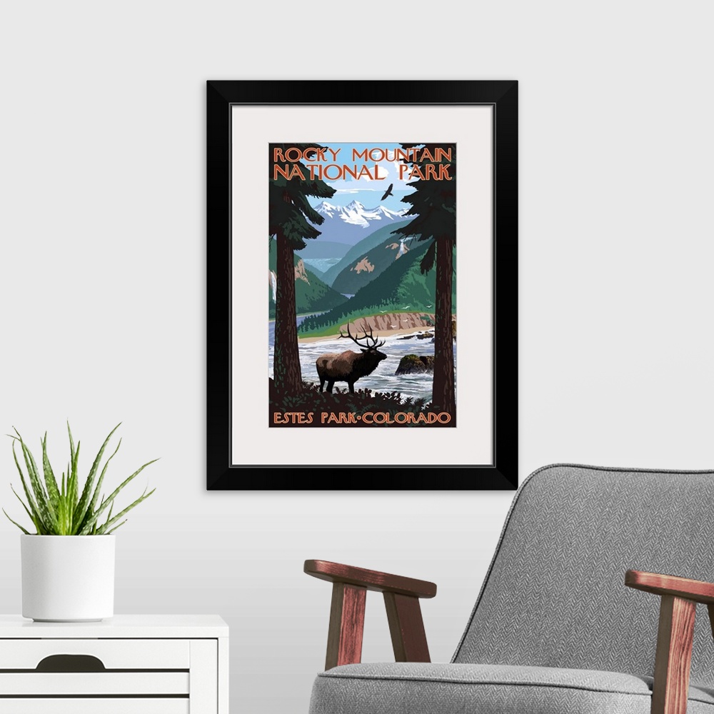 A modern room featuring Rocky Mountain National Park, Estes Park: Retro Travel Poster