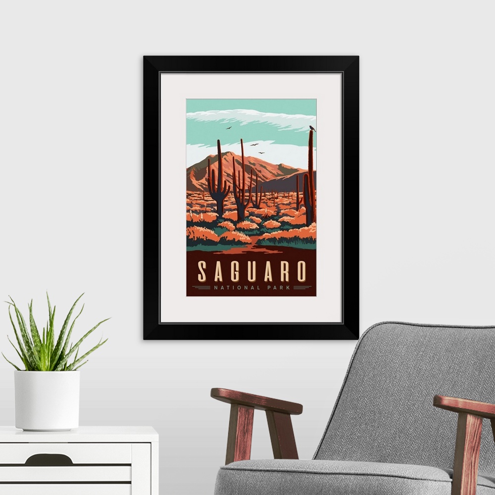 A modern room featuring Saguaro National Park, Cactus Landscape: Graphic Travel Poster