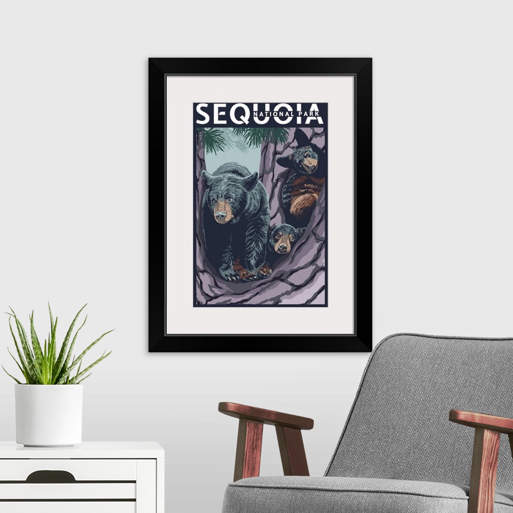 A modern room featuring Sequoia National Park, Bears And Cubs In Tree: Retro Travel Poster