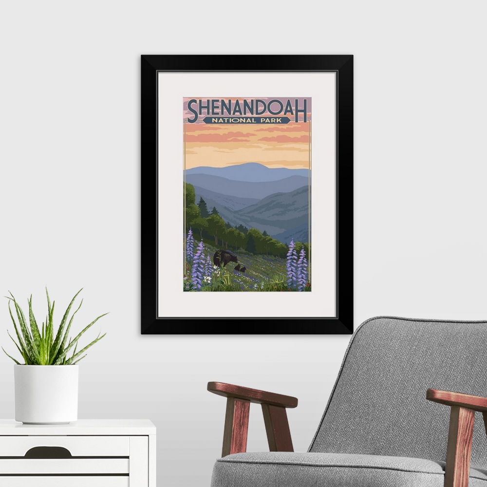 A modern room featuring Shenandoah National Park, Virginia - Black Bear and Cubs: Retro Travel Poster