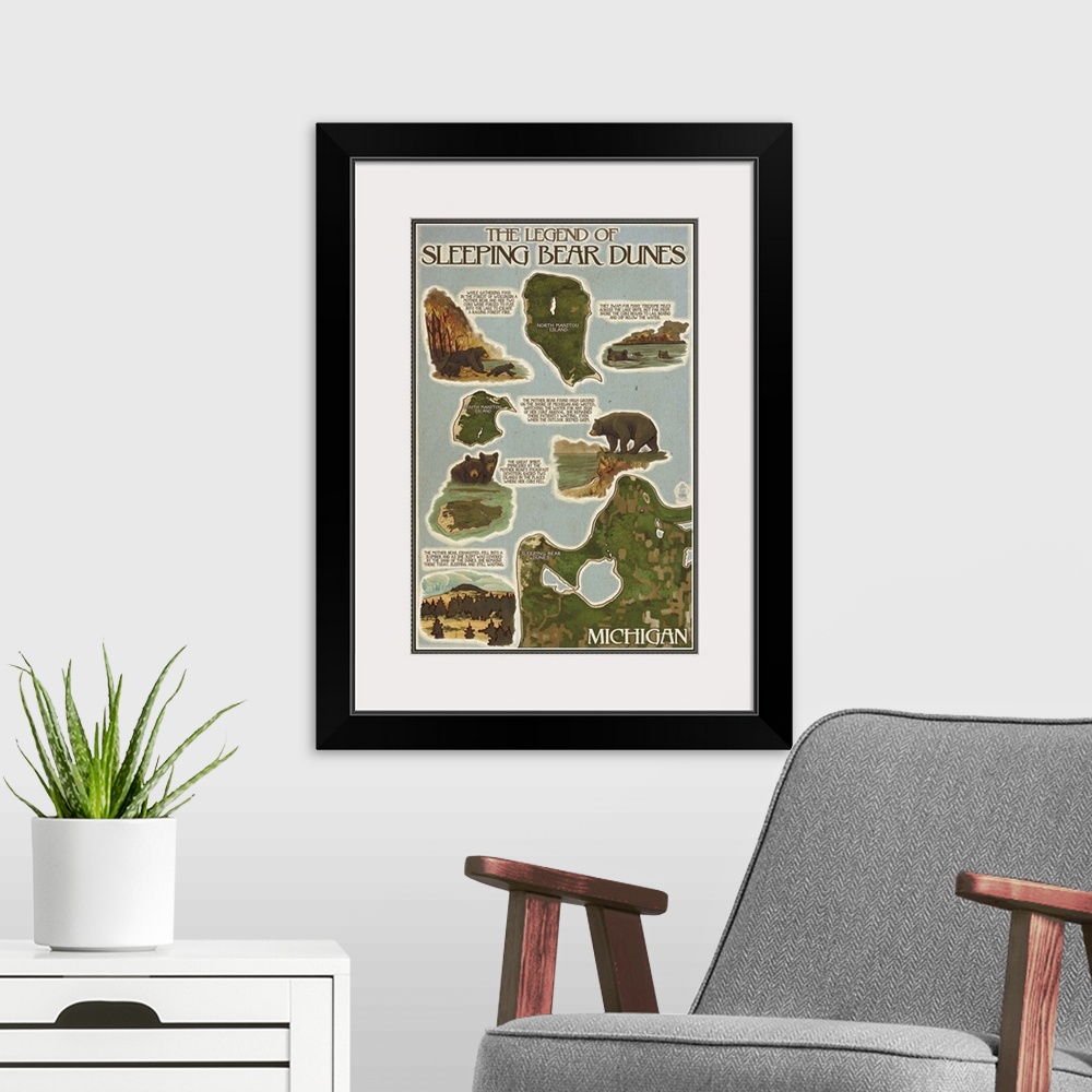 A modern room featuring Sleeping Bear Dunes, Michigan - Sleeping Bear Dunes Legend Map: Retro Travel Poster