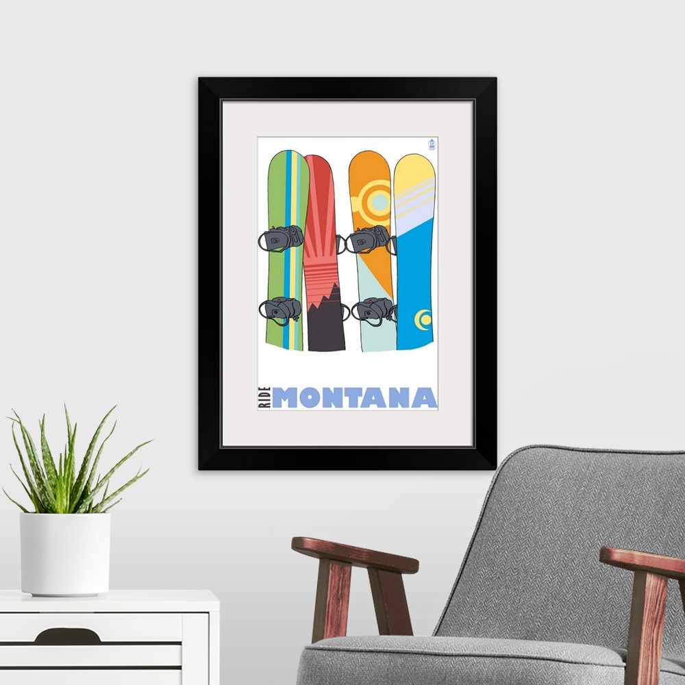 A modern room featuring Snowboards in Snow - Montana: Retro Travel Poster
