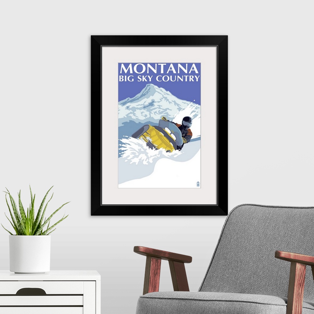 A modern room featuring Snowmobile Scene - Montana Big Sky: Retro Travel Poster