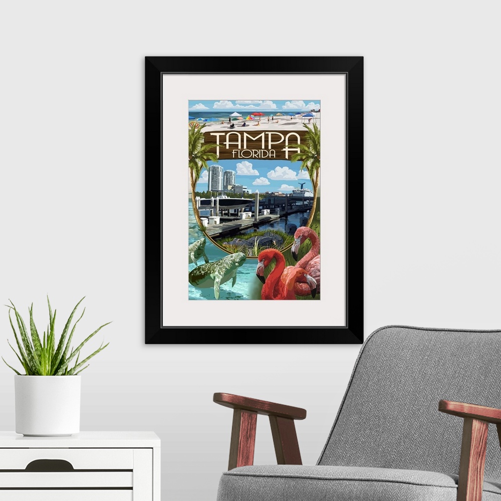 A modern room featuring Retro stylized art poster of flamingos, manatees and a beach montage.