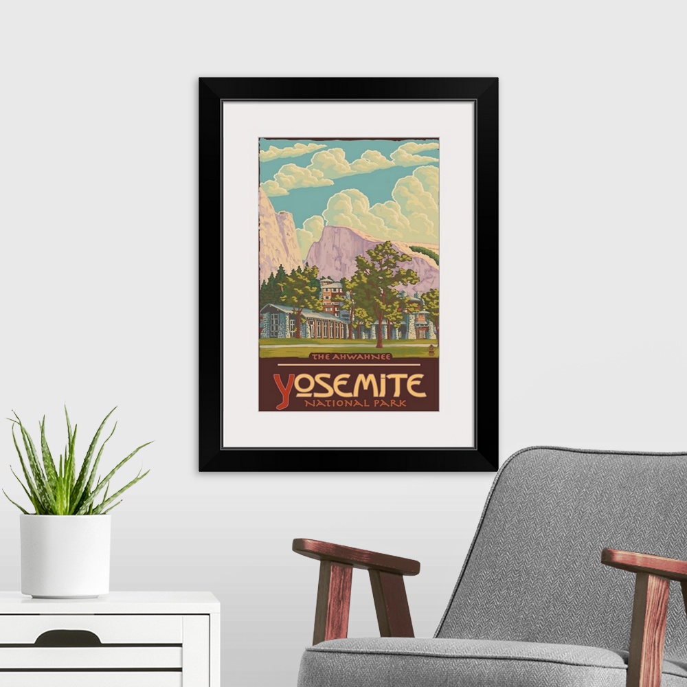 A modern room featuring The Ahwahnee - Yosemite National Park, California: Retro Travel Poster