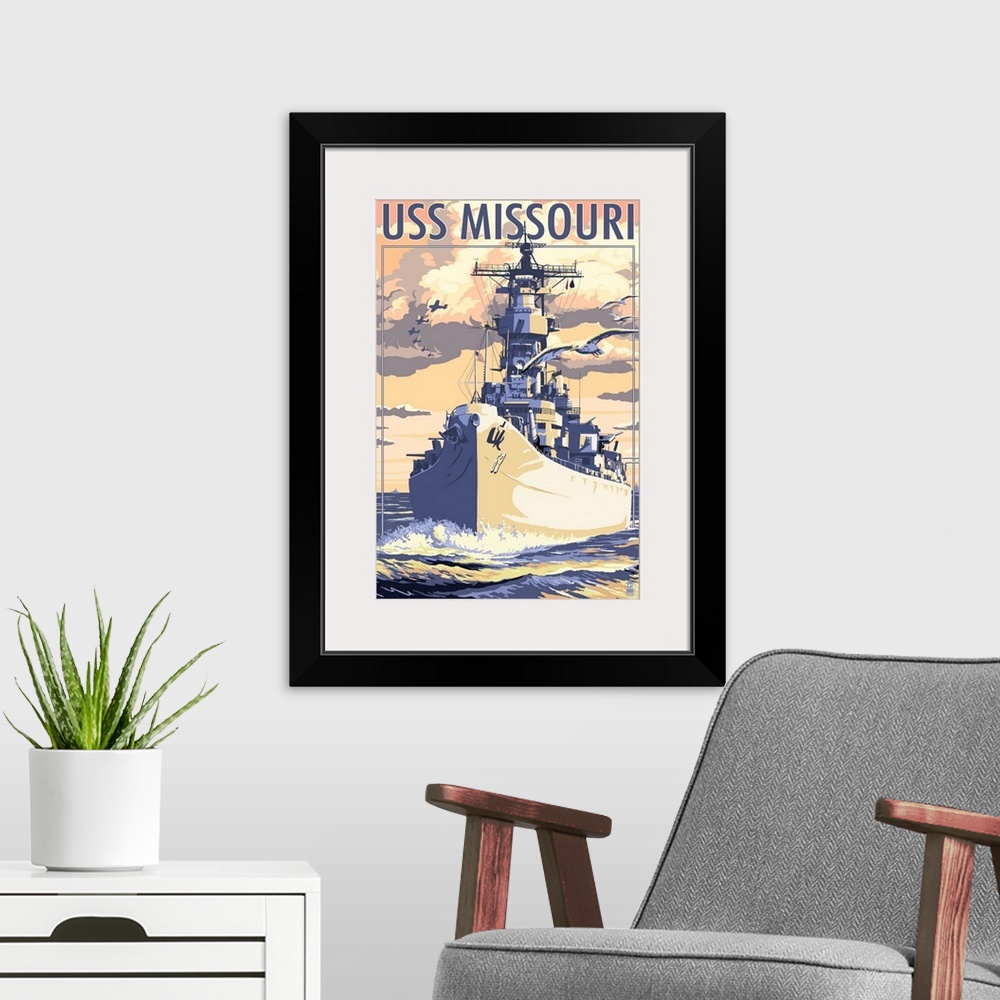 A modern room featuring USS Missouri, Sunset Scene