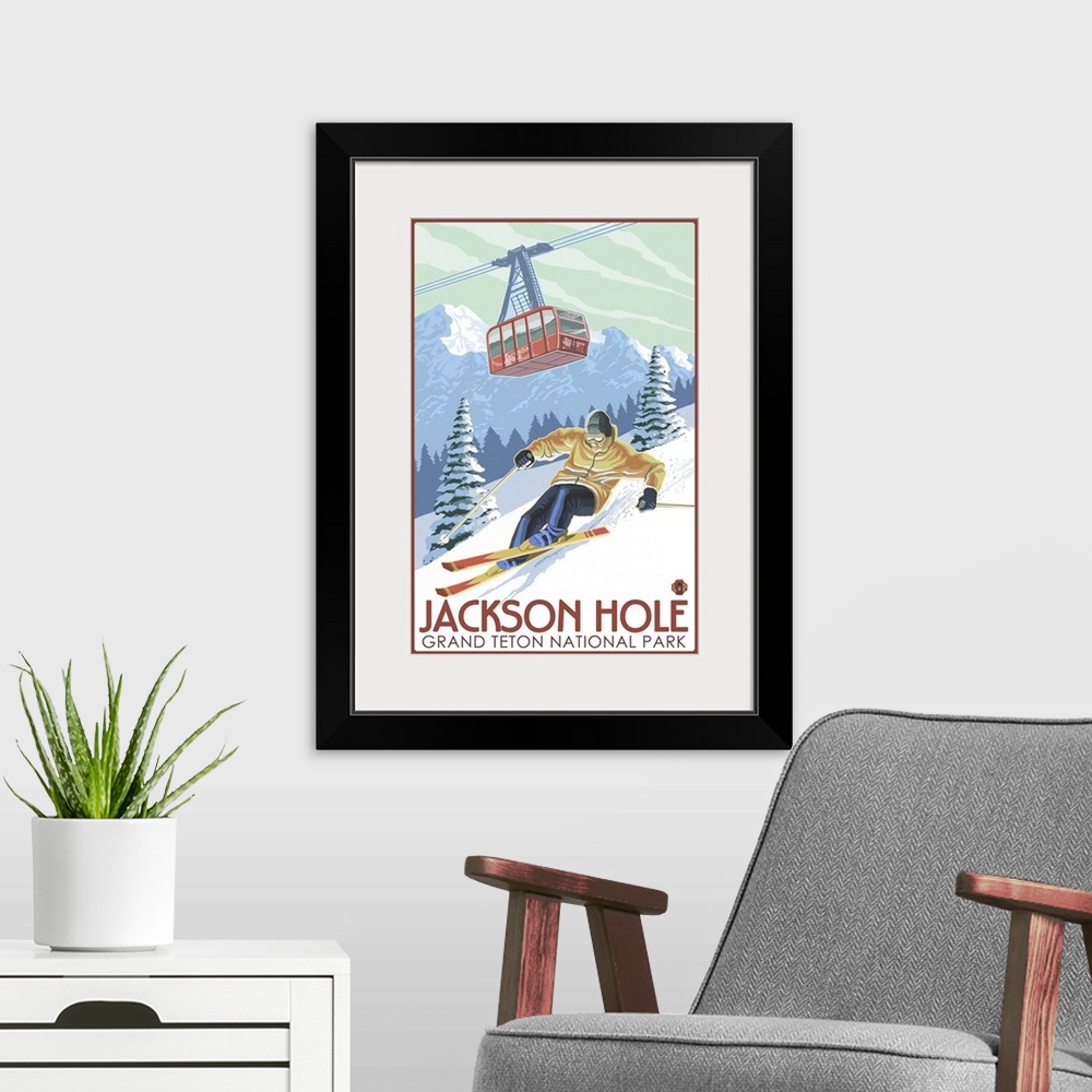 A modern room featuring Wyoming - Jackson Hole Grand Teton Skiing: Retro Travel Poster