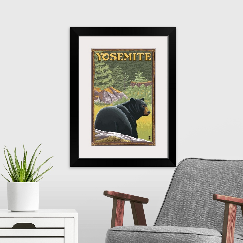 A modern room featuring Yosemite, California - Bear in Forest: Retro Travel Poster