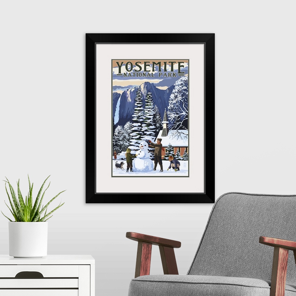 A modern room featuring Yosemite Chapel and Snowman - Yosemite National Park, California: Retro Travel Poster