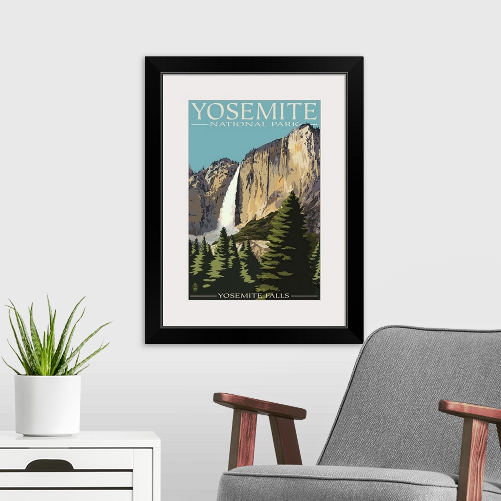 A modern room featuring Yosemite Falls - Yosemite National Park, California: Retro Travel Poster