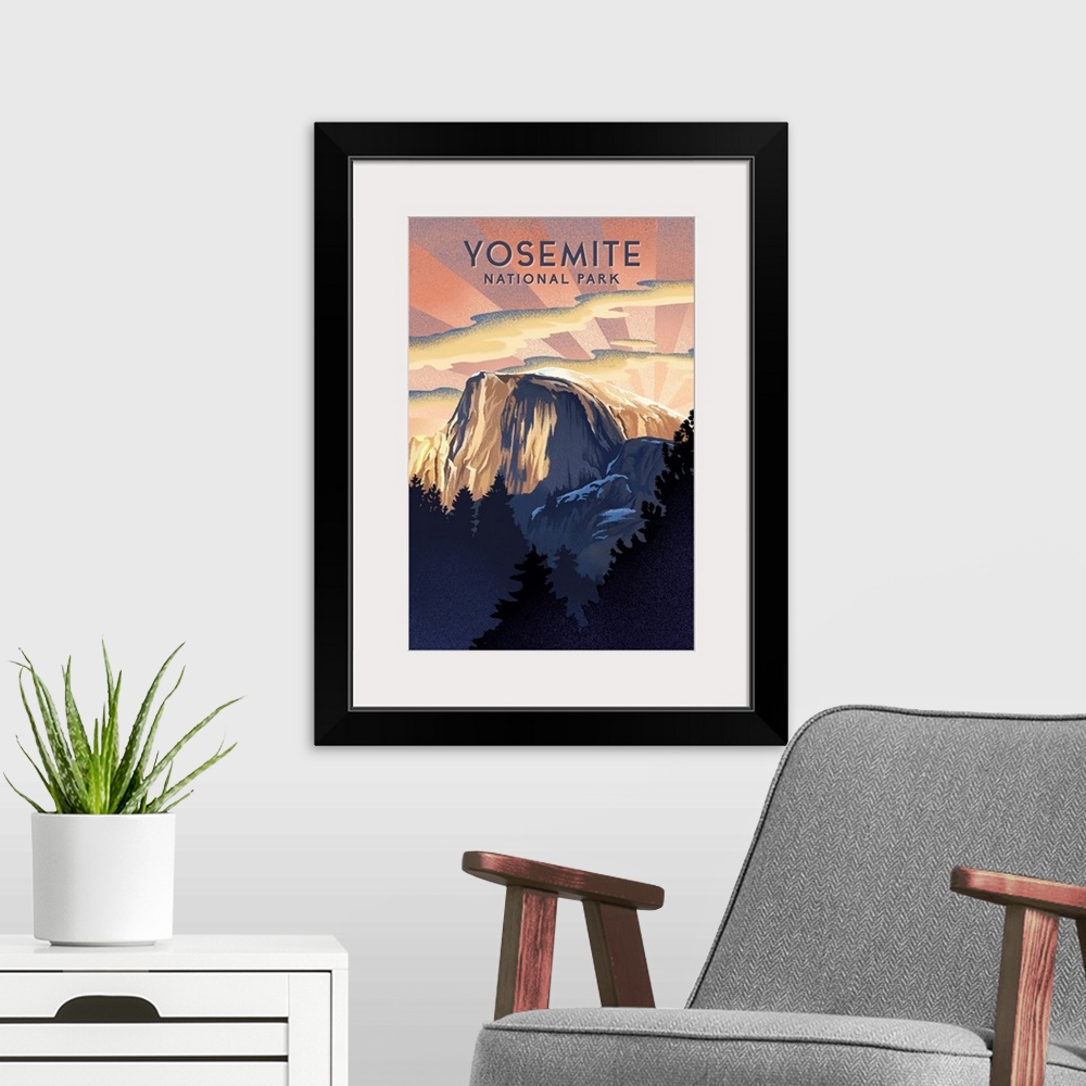 A modern room featuring Yosemite National Park, Half Dome Sunrise: Retro Travel Poster
