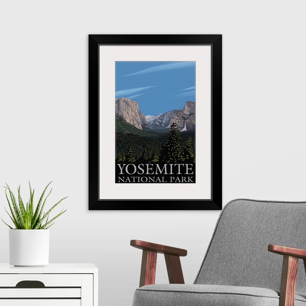 A modern room featuring Yosemite Valley Scene, California: Retro Travel Poster