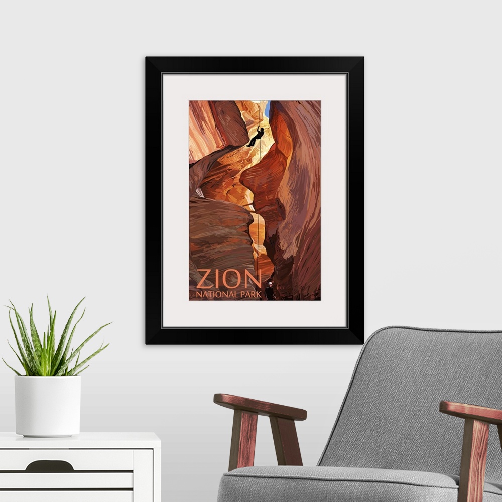 A modern room featuring Zion National Park - Canyoneering Scene: Retro Travel Poster