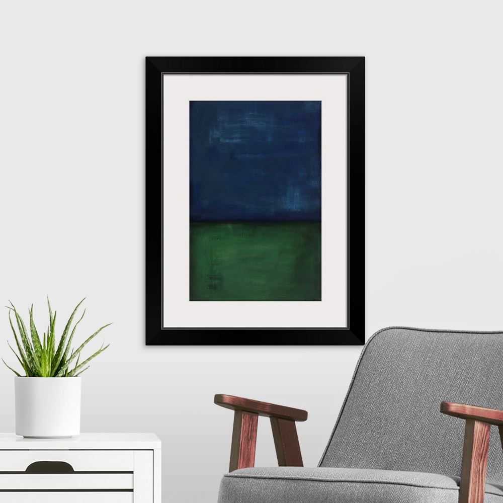 A modern room featuring Contemporary abstract painting of a dark blue and green colorfield.