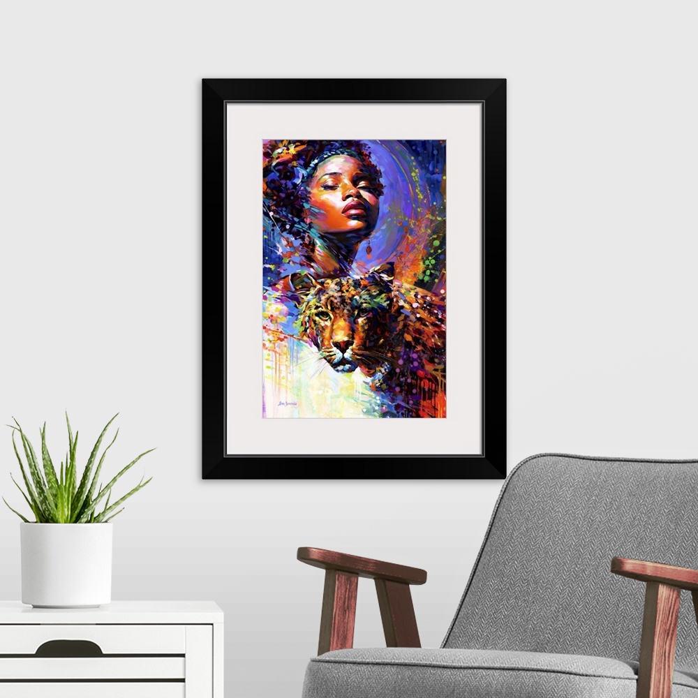 A modern room featuring African Beauty and the Leopard's Gaze
