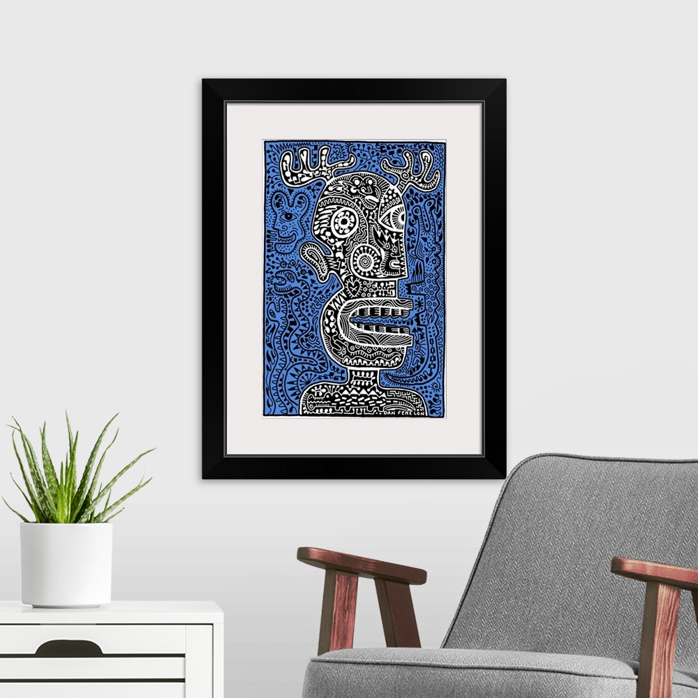 A modern room featuring Contemporary abstract artwork of a monster head with intricate and detailed patterns, against a b...