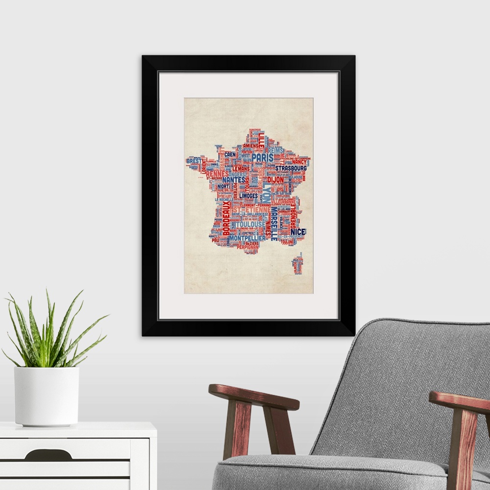 A modern room featuring French Cities Text Map, French Colors on Parchment