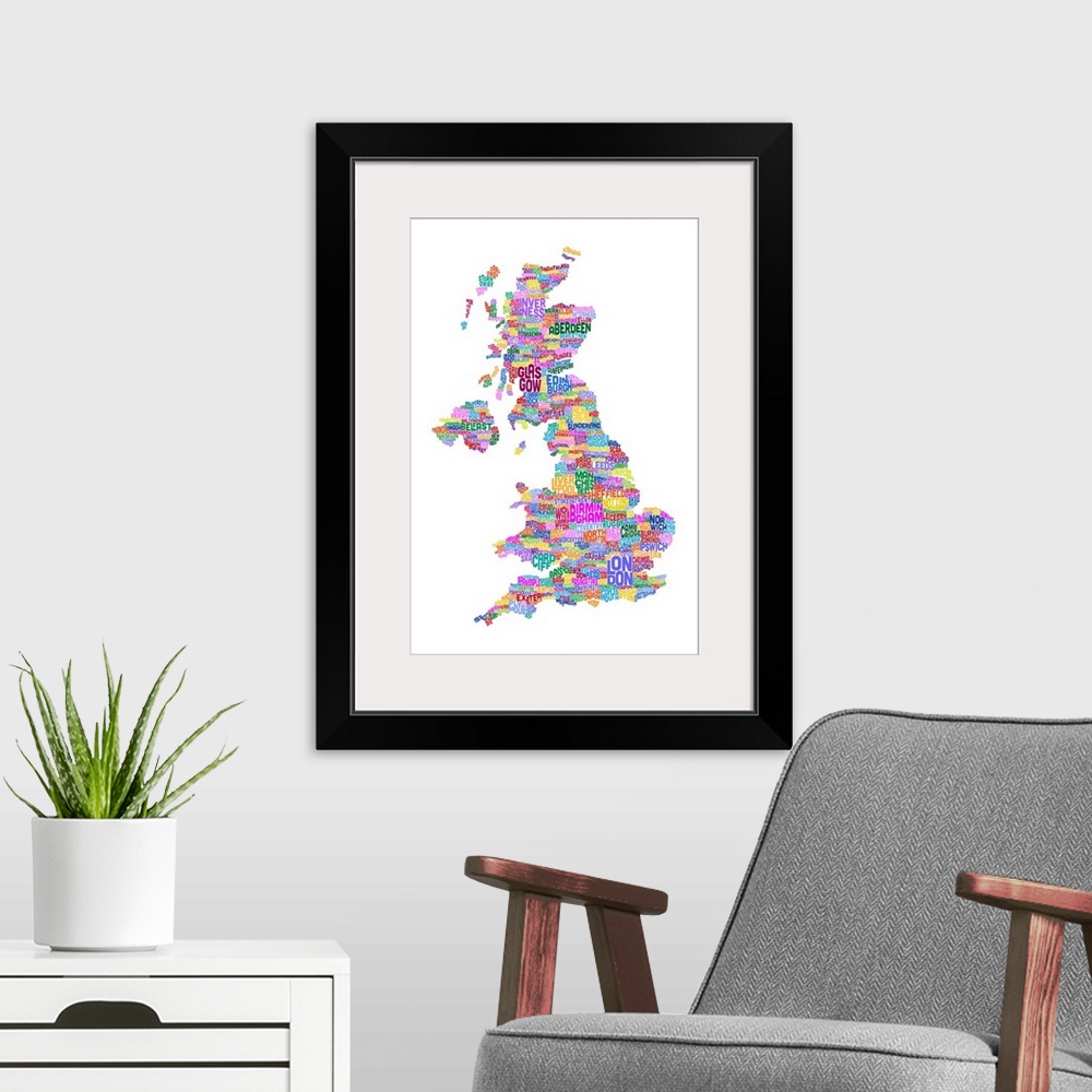 A modern room featuring Great Britain UK City Text Map, Colorful