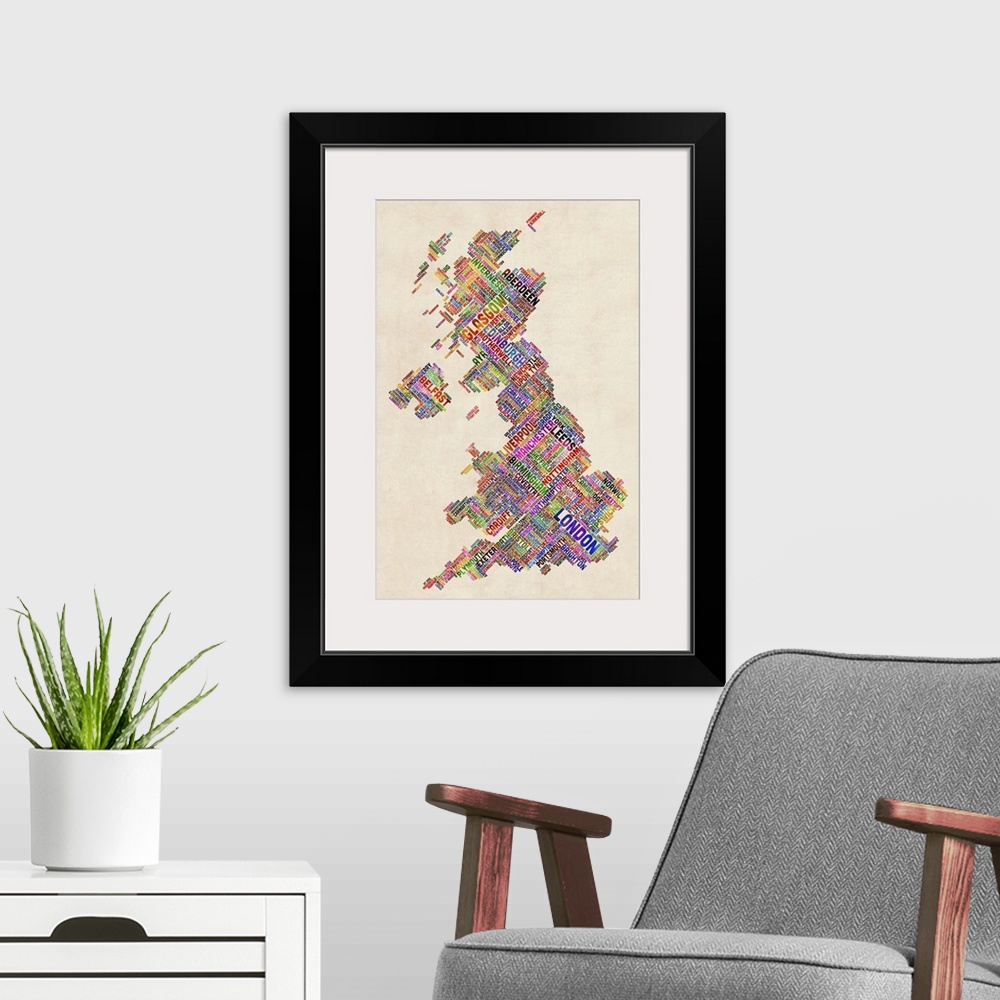 A modern room featuring Great Britain UK City Text Map, Diagonal Text, Colorful