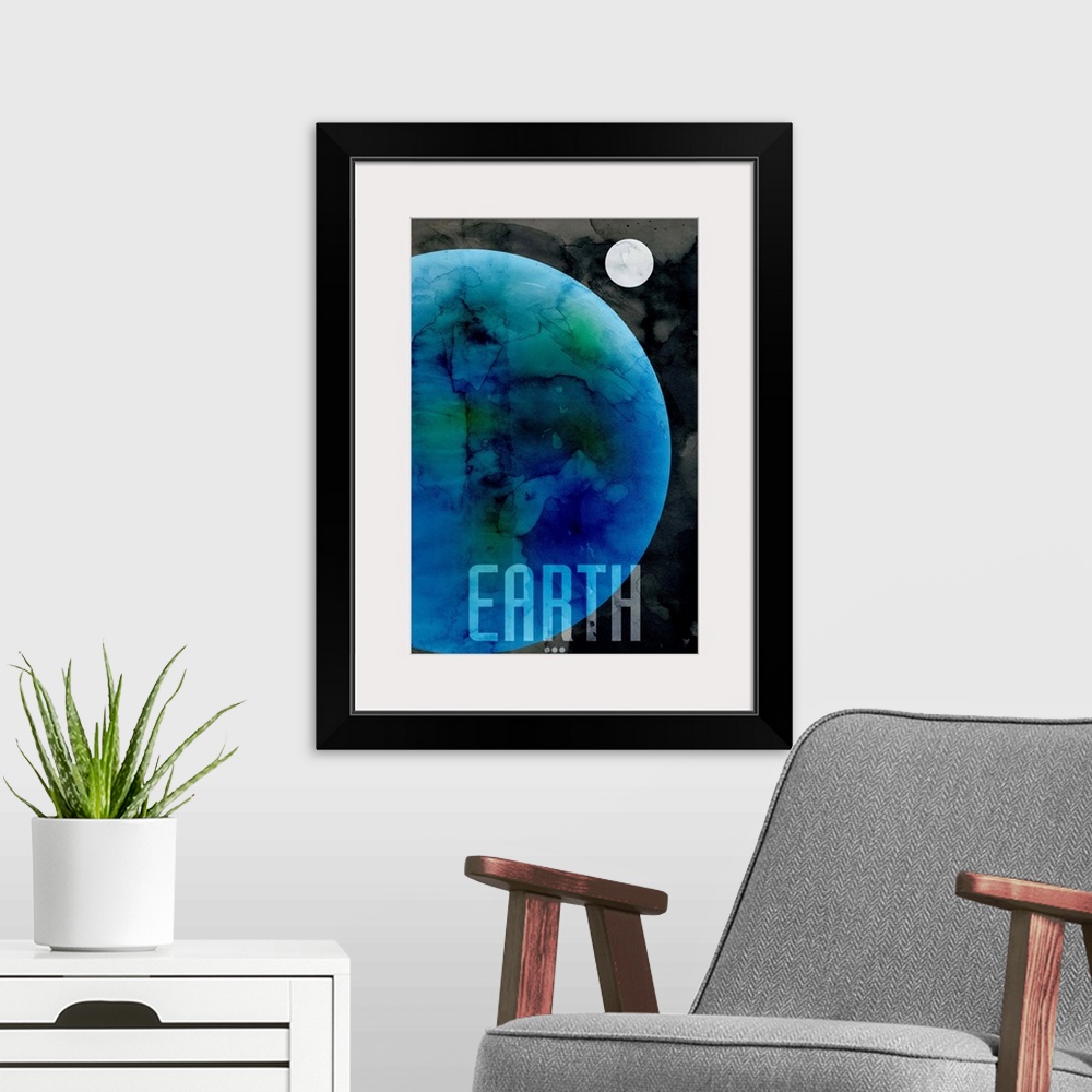A modern room featuring The Planet Earth, number 3 in a set of 9 prints featuring the planets of our Solar System. The Ea...