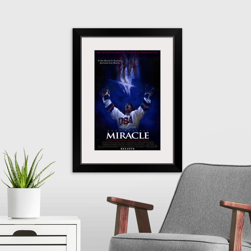 A modern room featuring Docudrama movie poster for film "Miracle," starring Kurt Russell as US men's hockey team head coa...
