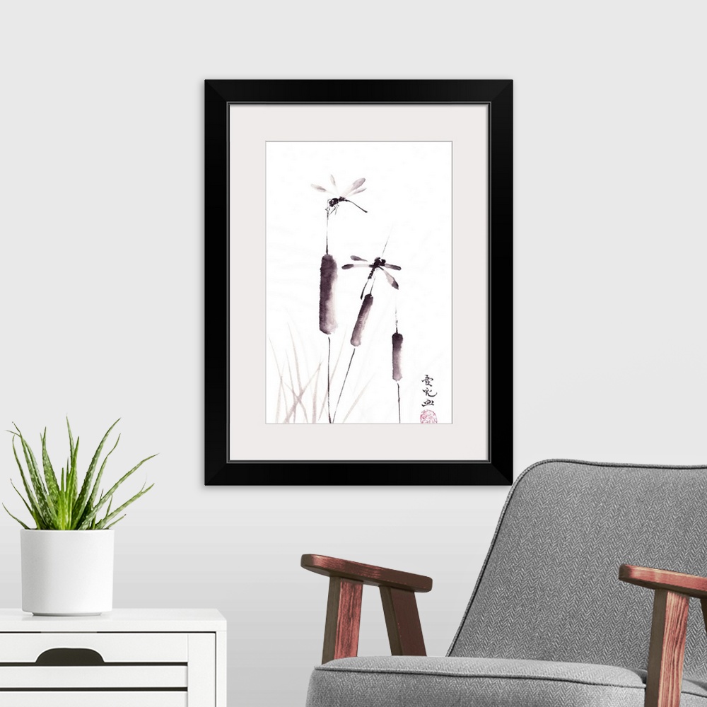 A modern room featuring Chinese ink painting of dragonflies and cattails on a white background.