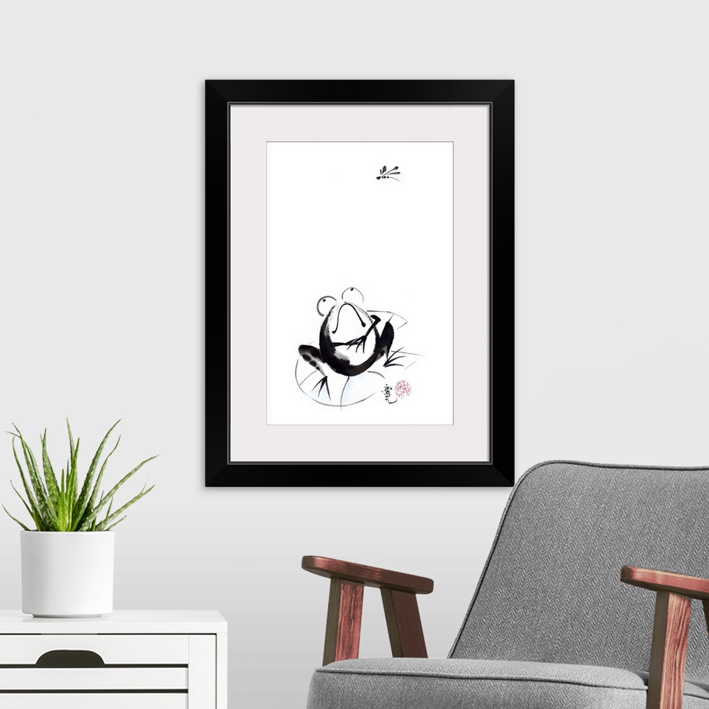 A modern room featuring Chinese ink painting of a frog starring up at a mosquito flying by.