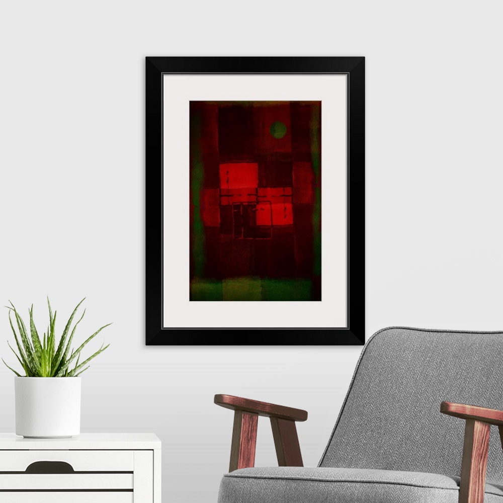 A modern room featuring Geometric abstract artwork that consists of shades of red and green in polygonal shapes.