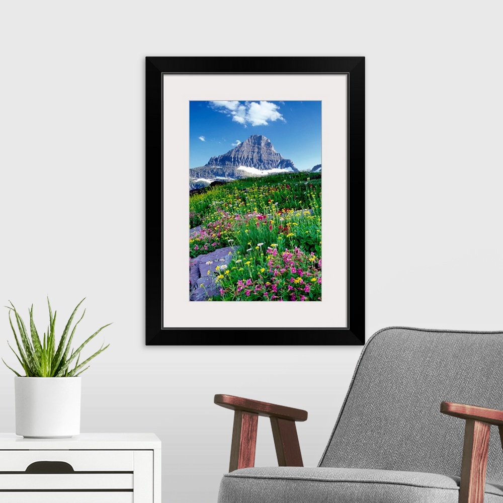 A modern room featuring Tall canvas of beautiful wildflowers in a field in front of a rugged mountain.