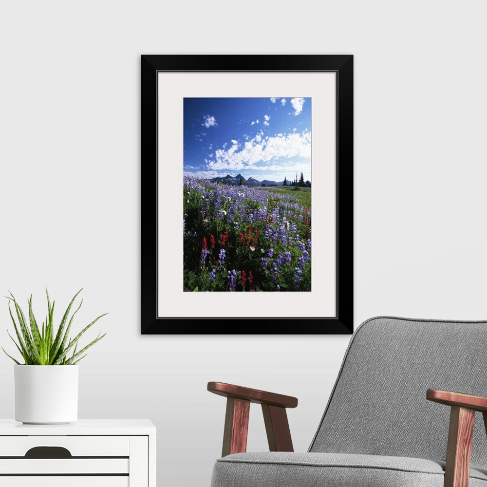 A modern room featuring Portrait photograph on a big canvas of vibrant wildflowers in a vast meadow, the Tattoosh Mountai...