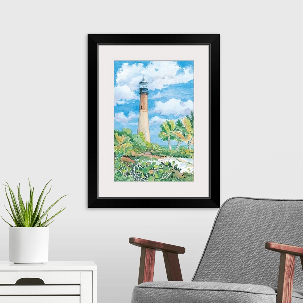 A modern room featuring Watercolor painting of a lighthouse against a cloudy sky on a tropical beach.