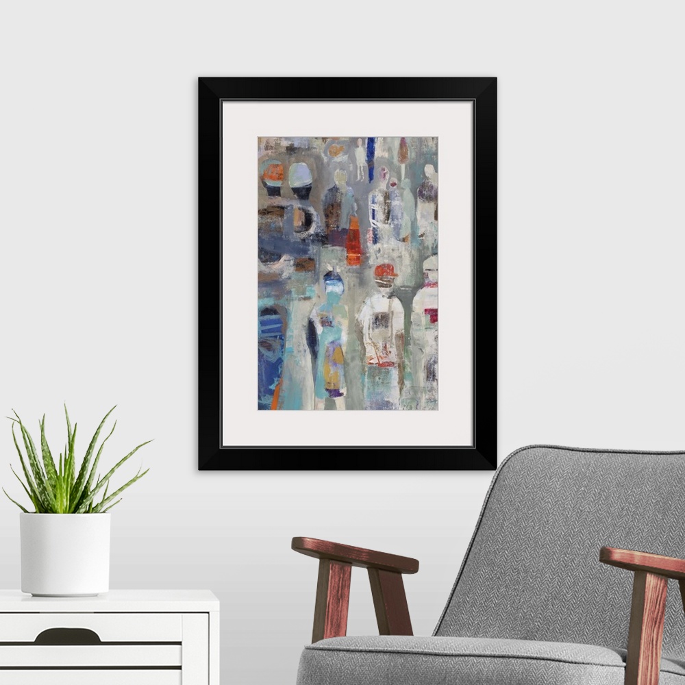 A modern room featuring Semi-abstract artwork of a crowd of figures in blue and red.