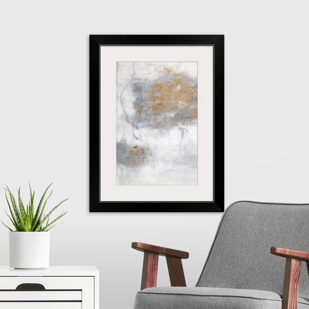 A modern room featuring Soft abstract painting with a white background and gray lines on top creating texture, a large sp...