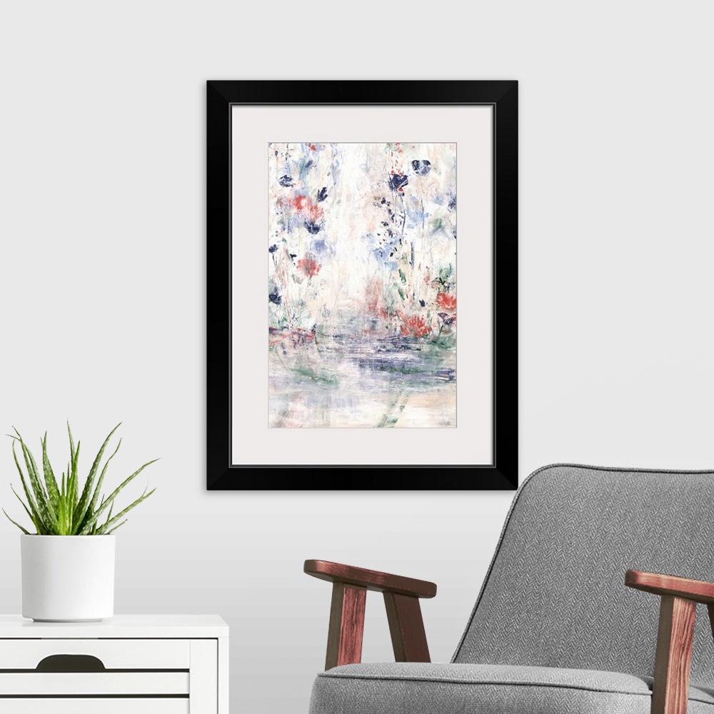A modern room featuring Contemporary abstract painting with small floral shapes against white.