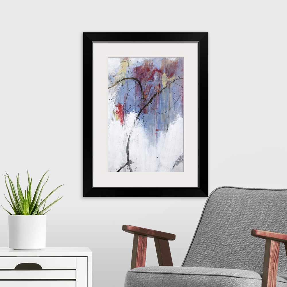 A modern room featuring Vertical abstract painting in pastel colors in blue and red with winding black lines throughout.