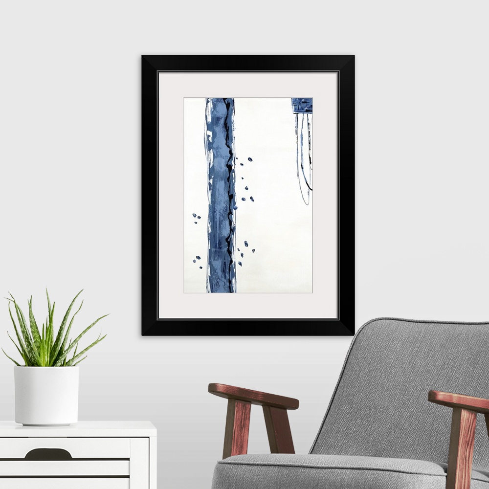 A modern room featuring Industrial abstract painting with a thick blue-gray vertical line, dots, and a square with thin r...