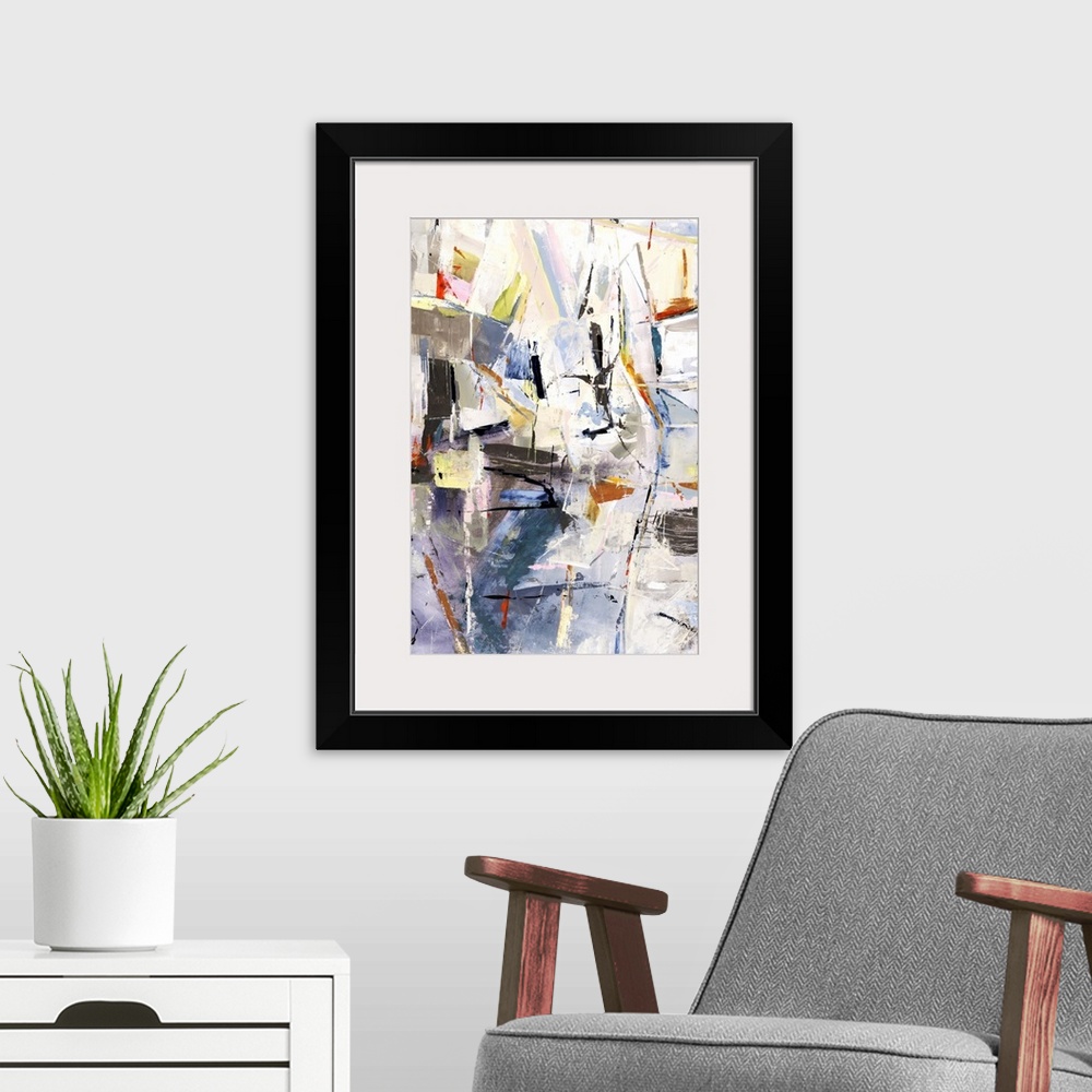 A modern room featuring Contemporary abstract painting using a variety of muted tones.