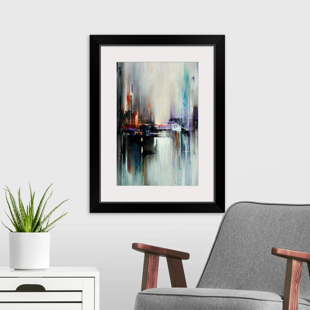 A modern room featuring Portrait, large contemporary artwork for a living room or office of a patch, horizontal line exte...